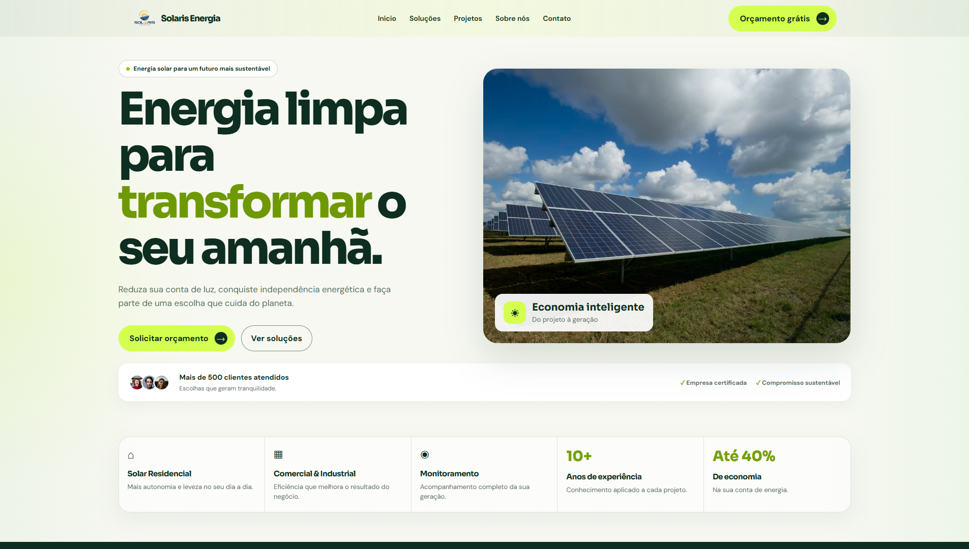 Página inicial do site Solaris Energia
